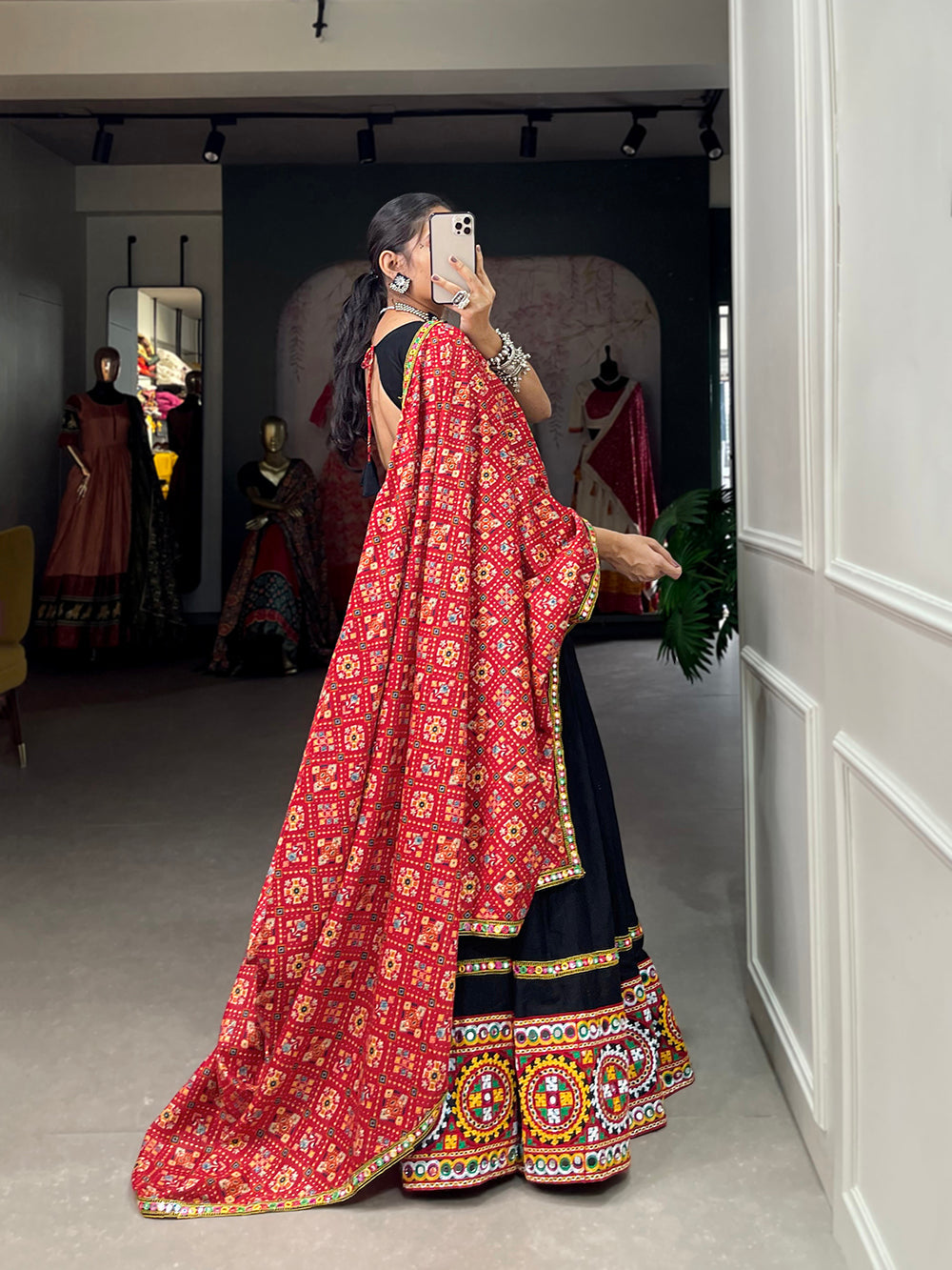 Black Color Gamthi Work With Mirror Work Cotton Chaniya Choli ClothsVilla.com
