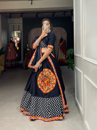 Black Color Printed With Gamthi Work Cotton Lehenga Choli ClothsVilla