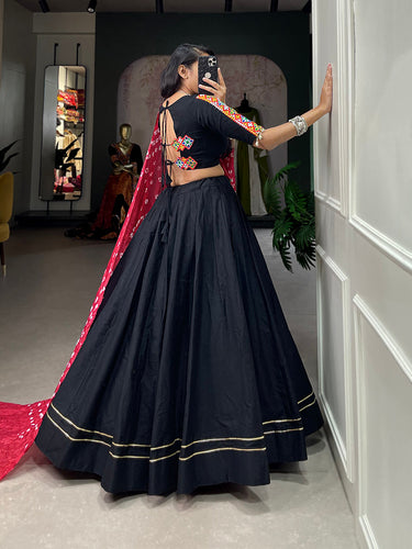 Black Color Plain With Gotta Patti Lace Border Cotton Lehenga Choli ClothsVilla.com