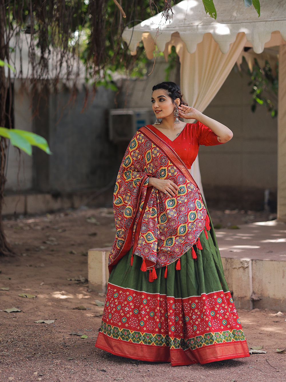 Mehndi  Color Printed With Foil Work Dola Silk Lehenga Choli Clothsvilla