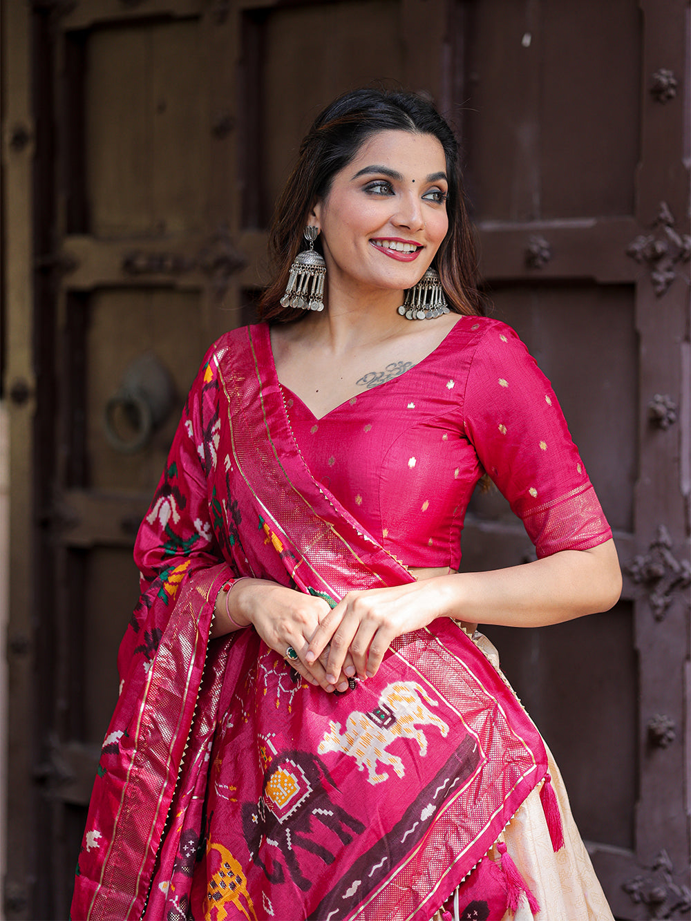 Pink Color Printed With Foil Work Dola Silk Lehenga Choli ClothsVilla.com