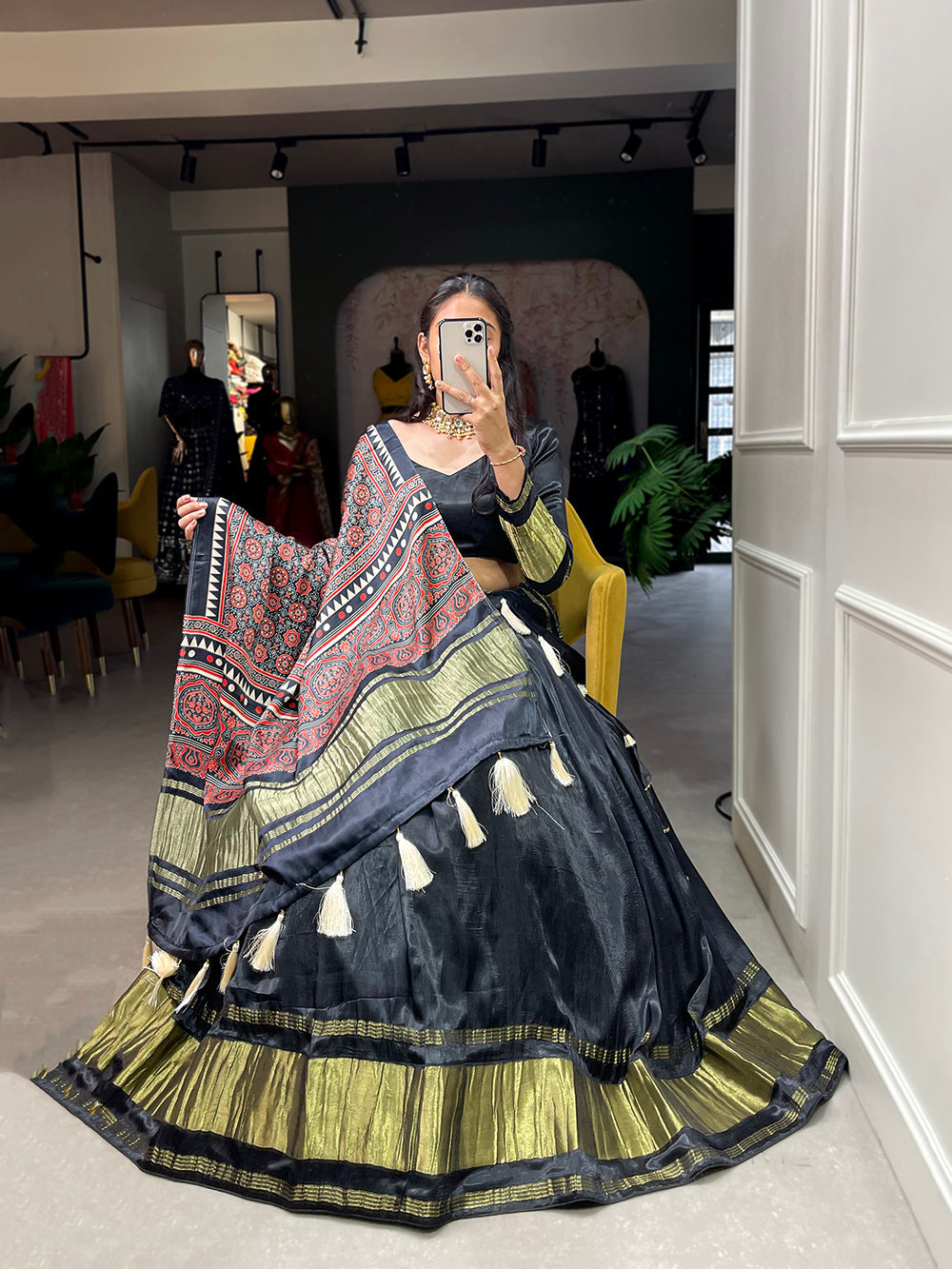 Black Color Dyeing With Lagdi Patta Gaji Silk Lehenga Choli ClothsVilla.com