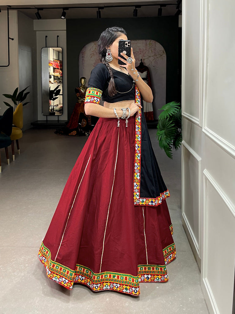 Maroon Color Gamthi Work And Original Mirror Work Lace Borde