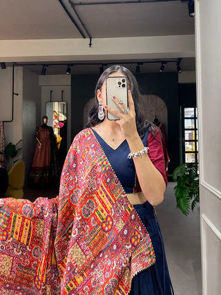 Navy Blue Color Plain And Printed With Gotta Patti Cotton For Navratri Chaniya Choli ClothsVilla