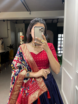 Navy Blue Color Ikkat Patola Print With Foil Work Tussar Silk Lehenga Choli ClothsVilla