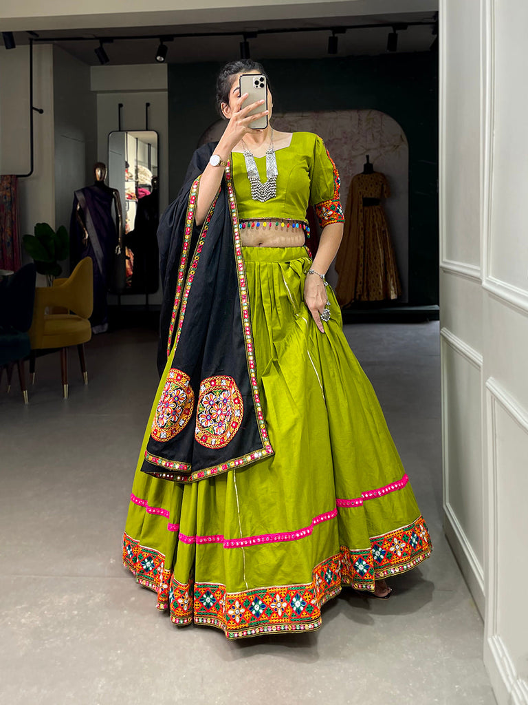 Parrot Color Gamthi Work With Paper Mirror Work Cotton Dandiya Choli ClothsVilla