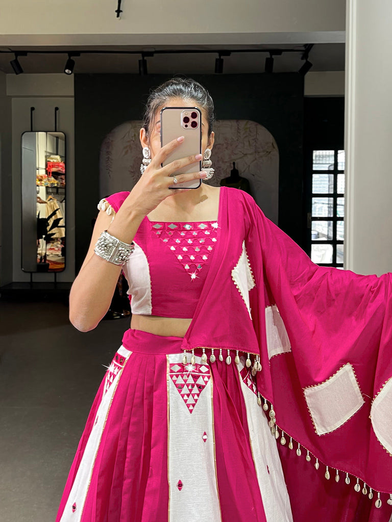 Pink Color Mirror Work With Gota Patti Cotton Chaniya Choli ClothsVilla