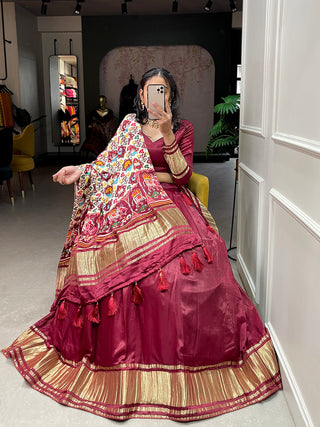 Maroon Color Dyeing With Lagdi Patta Gaji Silk Lehenga Choli ClothsVilla.com