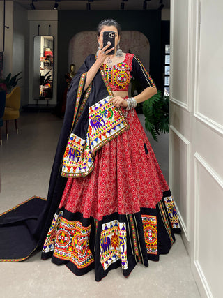 Red Color Printed And Gamthi Work With Mirror Work Cotton Chaniya Choli ClothsVilla.com