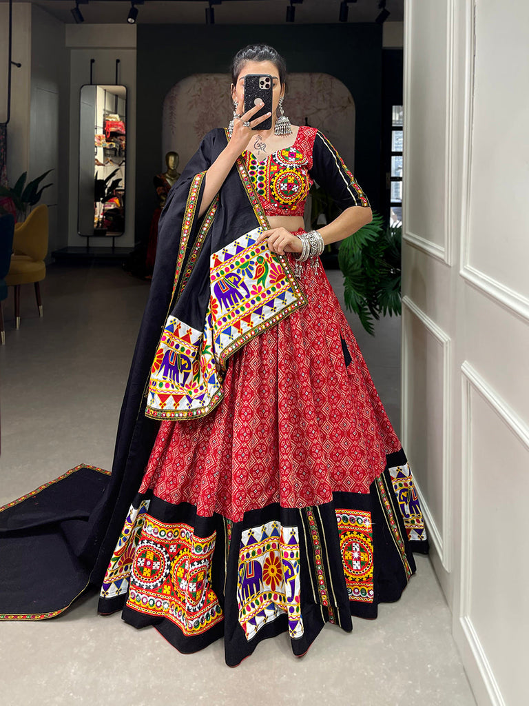 Red Color Printed And Gamthi Work With Mirror Work Cotton Chaniya Choli ClothsVilla.com