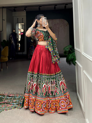 Red Color Patola Print With Gamthi Work And Mirror Work Dola Silk Lehenga  Choli ClothsVilla