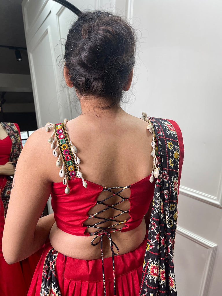 Red Color Patola Print With Paper Mirror Work Ghaghra Choli ClothsVilla