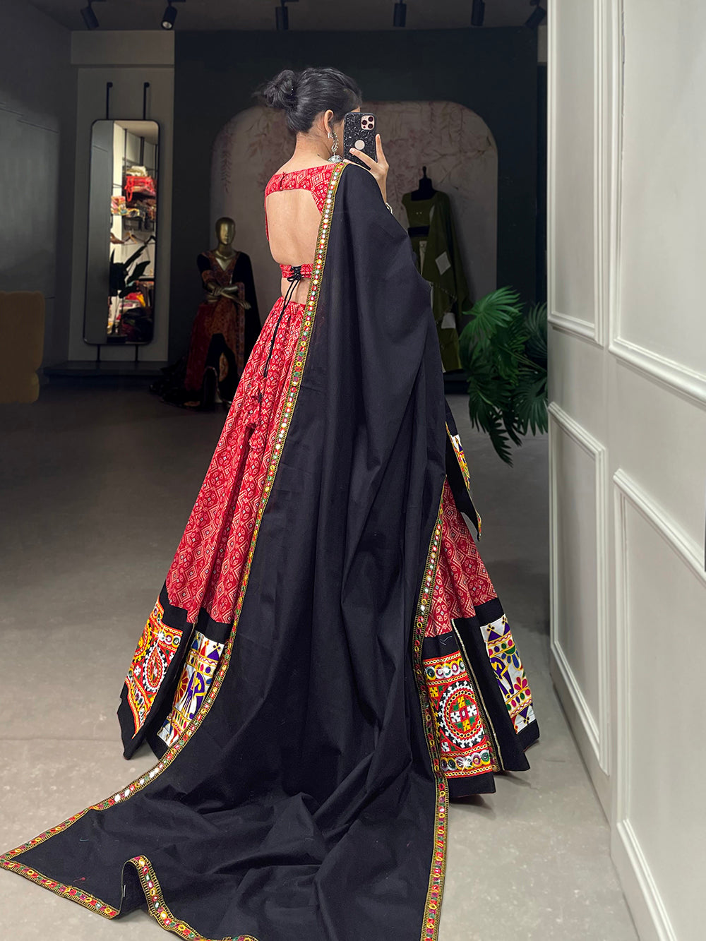 Red Color Printed And Gamthi Work With Mirror Work Cotton Chaniya Choli ClothsVilla.com