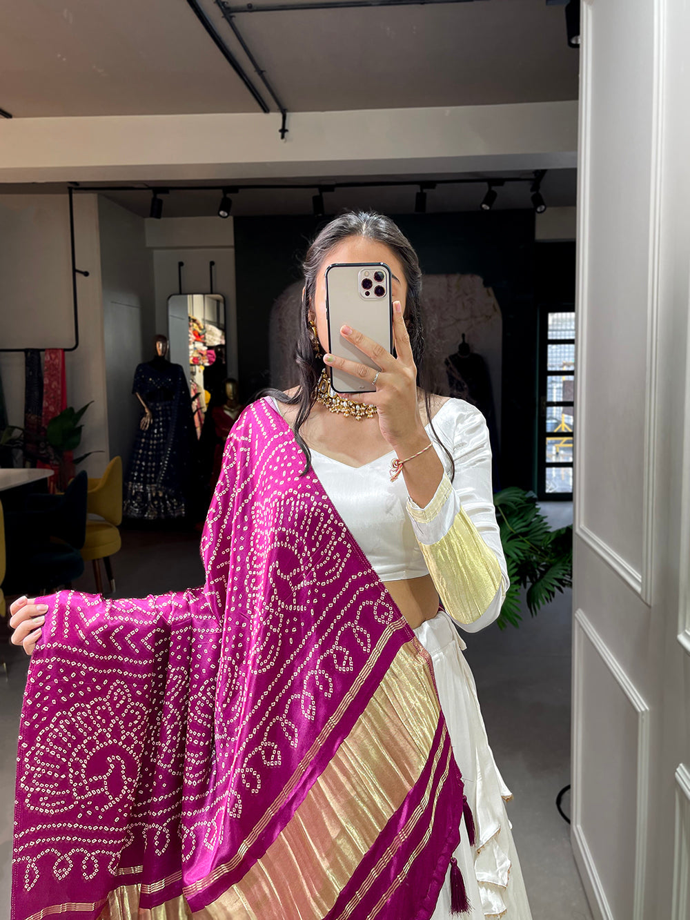 White Color Dyeing With Lagdi Patta Gaji Silk Lehenga Choli ClothsVilla.com