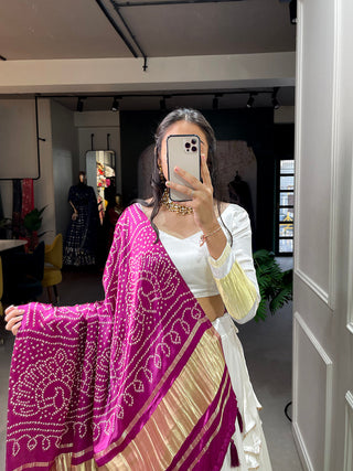 White Color Dyeing With Lagdi Patta Gaji Silk Lehenga Choli ClothsVilla.com