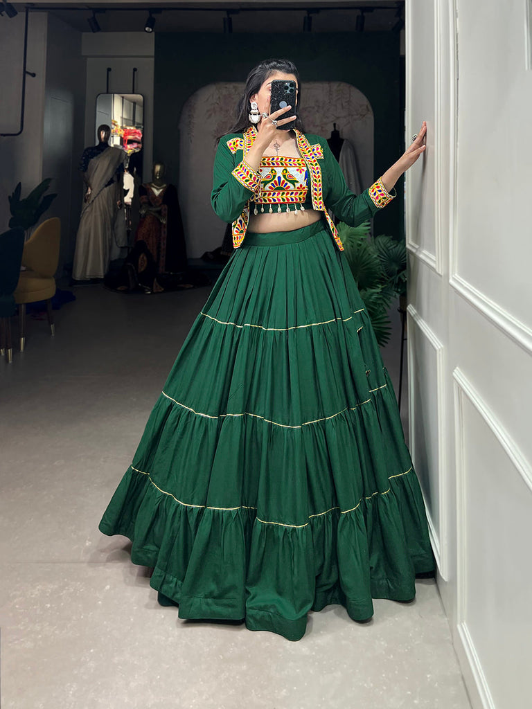 Green Color Plain With Gota Patti Rayon Navratri Collection Chaniya Choli ClothsVilla