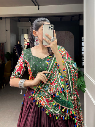 Brown Color Patola Print With Gamthi Work And Mirror Work Dola Silk Chaniya Choli ClothsVilla
