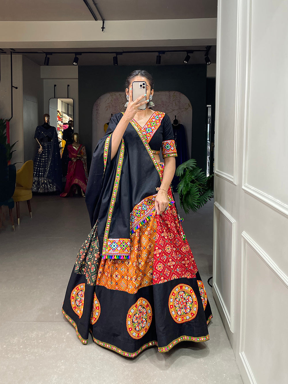 Multi Color Printed With Gamthi Work Cotton Lehenga Choli ClothsVilla.com
