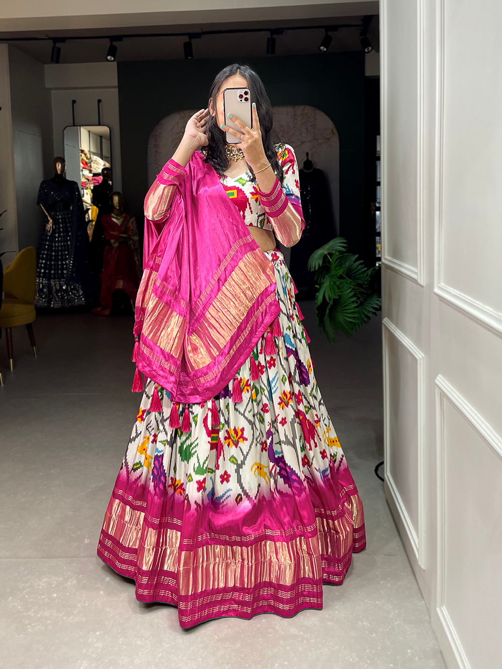 White Color Ikkat Patola Printed Gaji Silk Lehenga Choli ClothsVilla