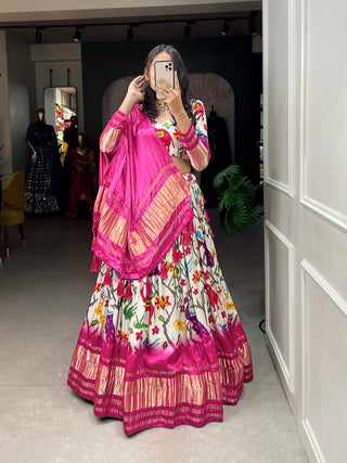 White Color Ikkat Patola Printed Gaji Silk Lehenga Choli ClothsVilla