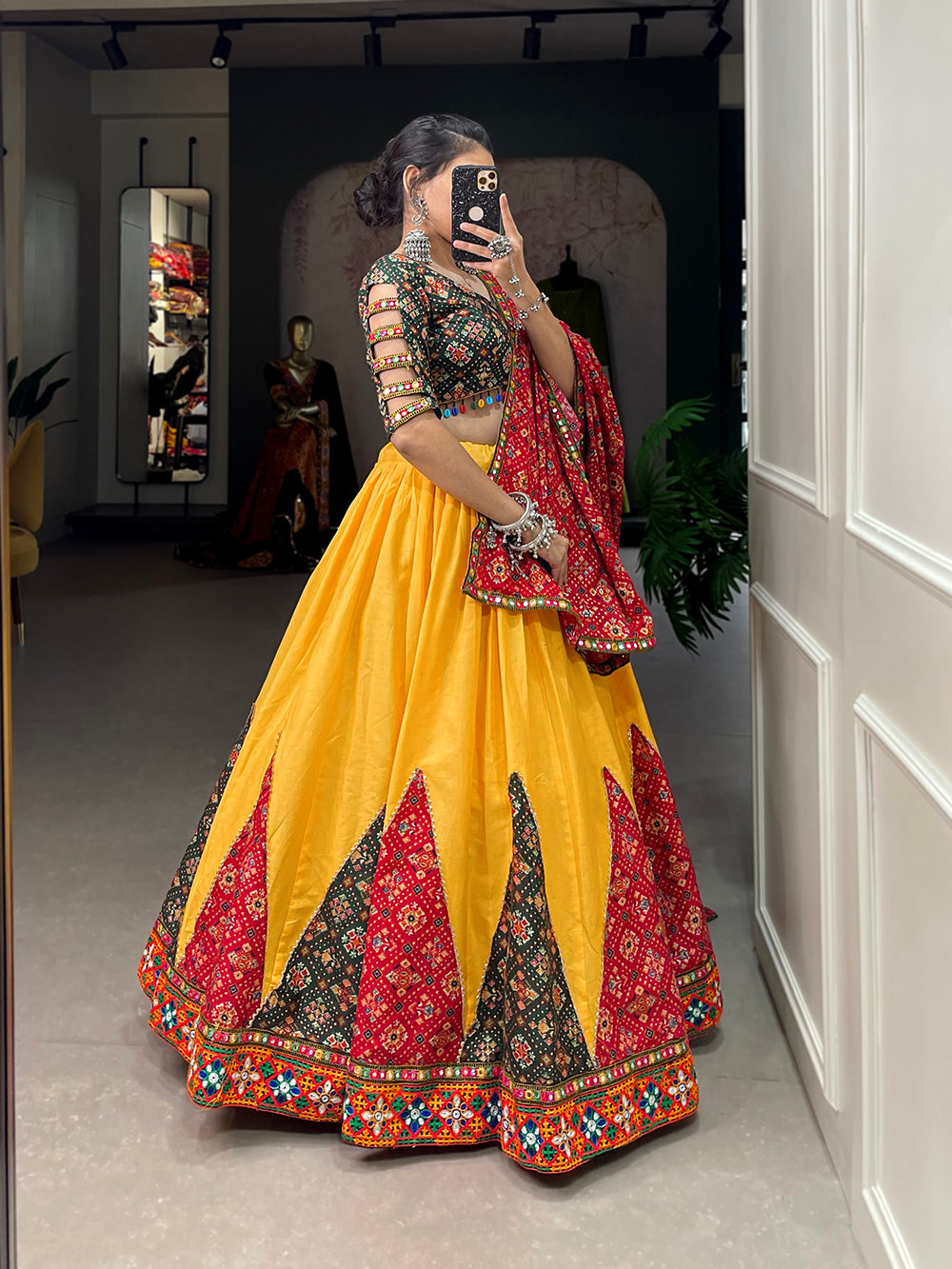 Yellow Color Printed And Gamthi Work Lace Border Cotton Lehenga Choli ClothsVilla.com