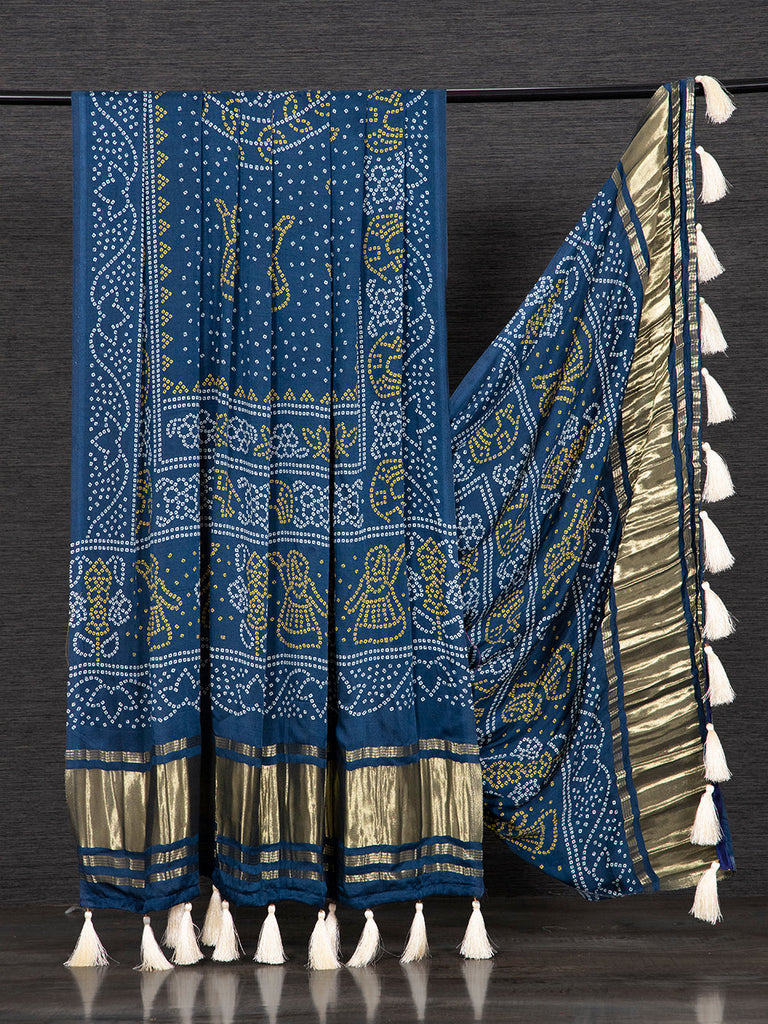 Navy Blue Color Digital Printed Pure Gaji Silk Dupatta With Tassels Clothsvilla