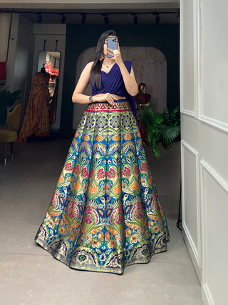 Navy Blue Color Zari Weaving Work Banarasi Silk Lehenga Choli Clothsvilla