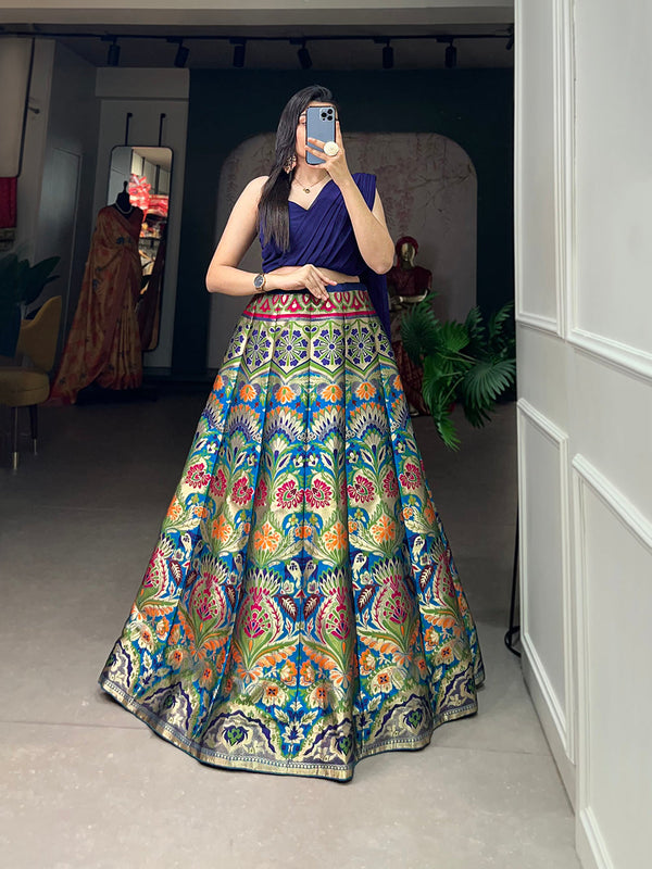 Navy Blue Color Zari Weaving Work Banarasi Silk Lehenga Choli Clothsvilla