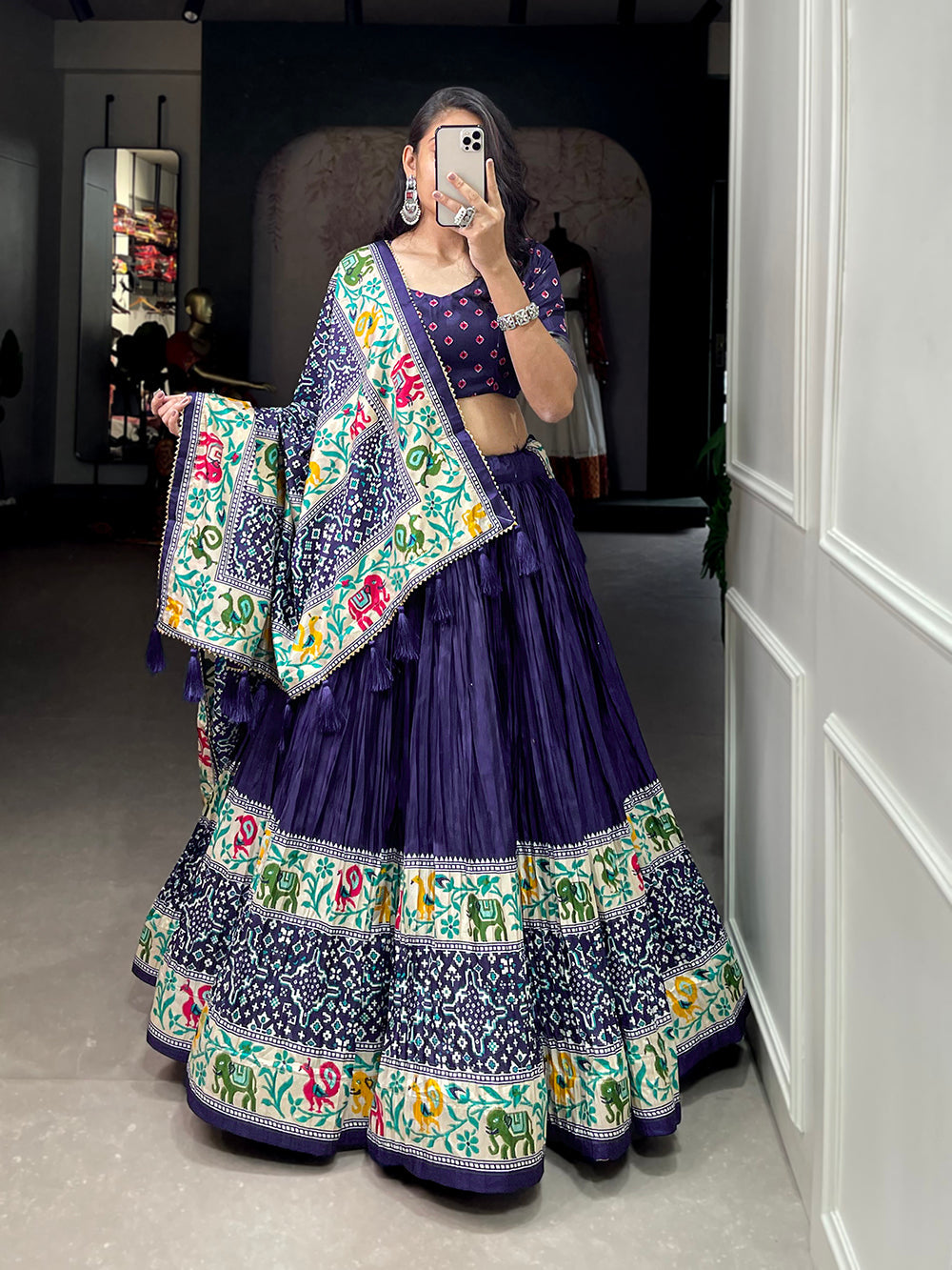 Navy Blue Color Bandhej Print With Patola Print Crushed Dola Silk Lehenga Choli ClothsVilla.com