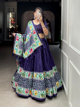 Navy Blue Color Bandhej Print With Patola Print Crushed Dola Silk Lehenga Choli ClothsVilla.com