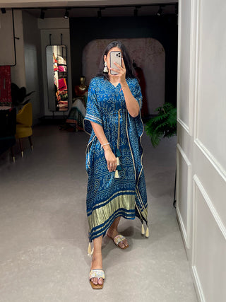 Navy Blue Color Bandhej Print With Gotta Patti Lace Border Gaji Silk Kaftan ClothsVilla.com