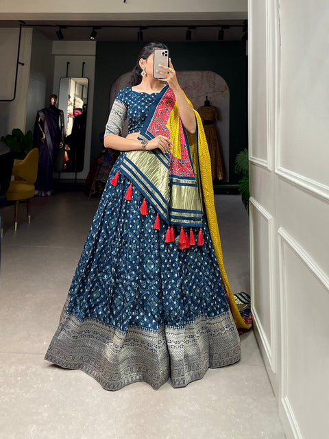 Navy Blue Color Printed With Zari Weaving Work Viscose Dola Silk Lehenga Choli Clothsvilla Main image