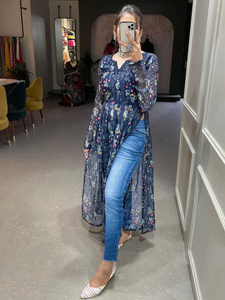 Navy Blue Color Floral Printed Chiffon Naira Cut Kurti Clothsvilla