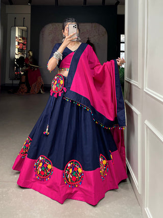 Navy Blue Color  Gamthi Patch Work With Colorful Cowrie(kodi) Work Cotton Chaniya Choli ClothsVilla.com