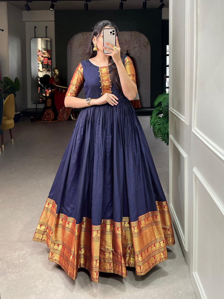 Navy Blue Color Zari Weaving Work Narayan Pet (Cotton) Dress Clothsvilla