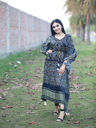 Navy Blue Color Bandhani Printed Pure Gaji Silk Kaftan Clothsvilla