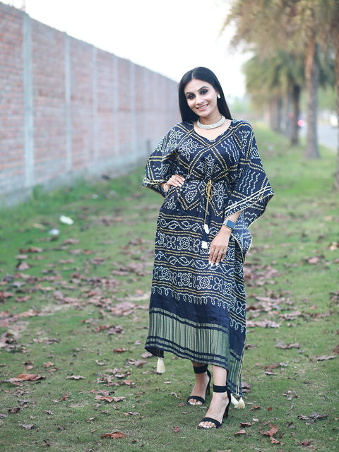 Navy Blue Color Bandhani Printed Pure Gaji Silk Kaftan Clothsvilla Main image