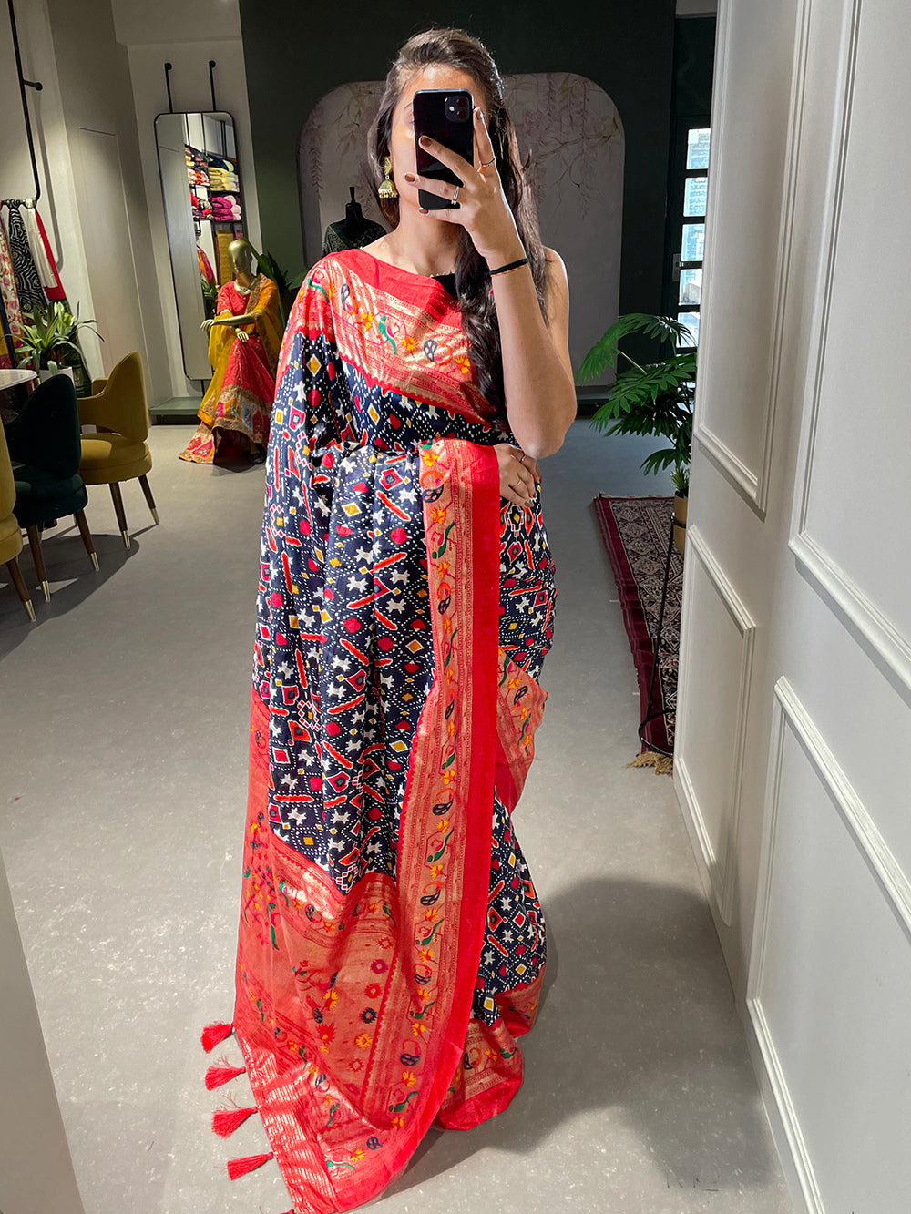 Navy Blue Color Patola Paithani Printed with Foil Work Dola Silk Saree Clothsvilla