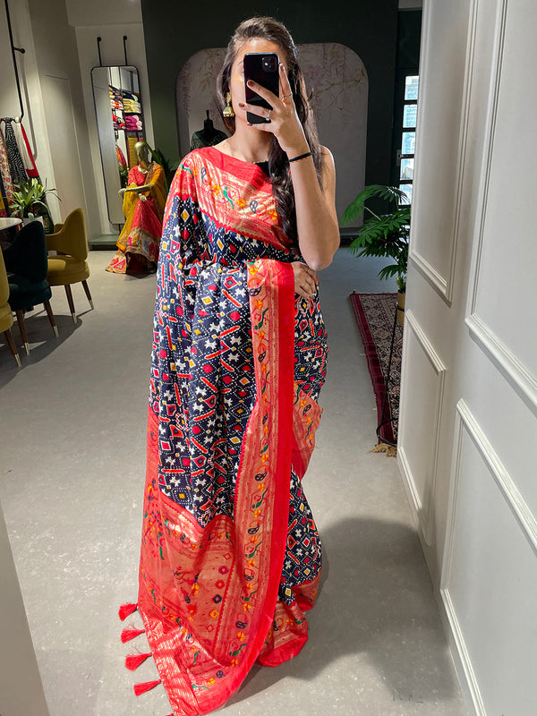 Navy Blue Color Patola Paithani Printed with Foil Work Dola Silk Saree Clothsvilla