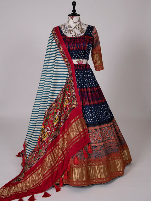 Navy Blue Color Bandhani Printed Pure Gaji Silk Ghaghra Choli Clothsvilla Main image