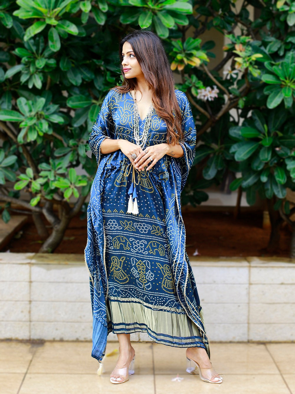 Navy Blue Color Digital Bandhej Printed Pure Gaji Silk Kaftan Clothsvilla
