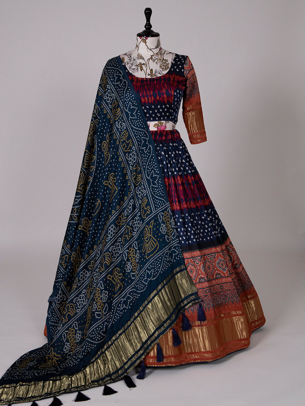 Navy Blue Color Bandhani Printed Pure Gaji Silk Navaratri Chaniya Choli Clothsvilla