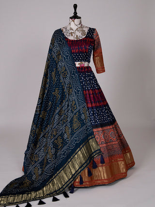 Navy Blue Color Bandhani Printed Pure Gaji Silk Navaratri Chaniya Choli Clothsvilla