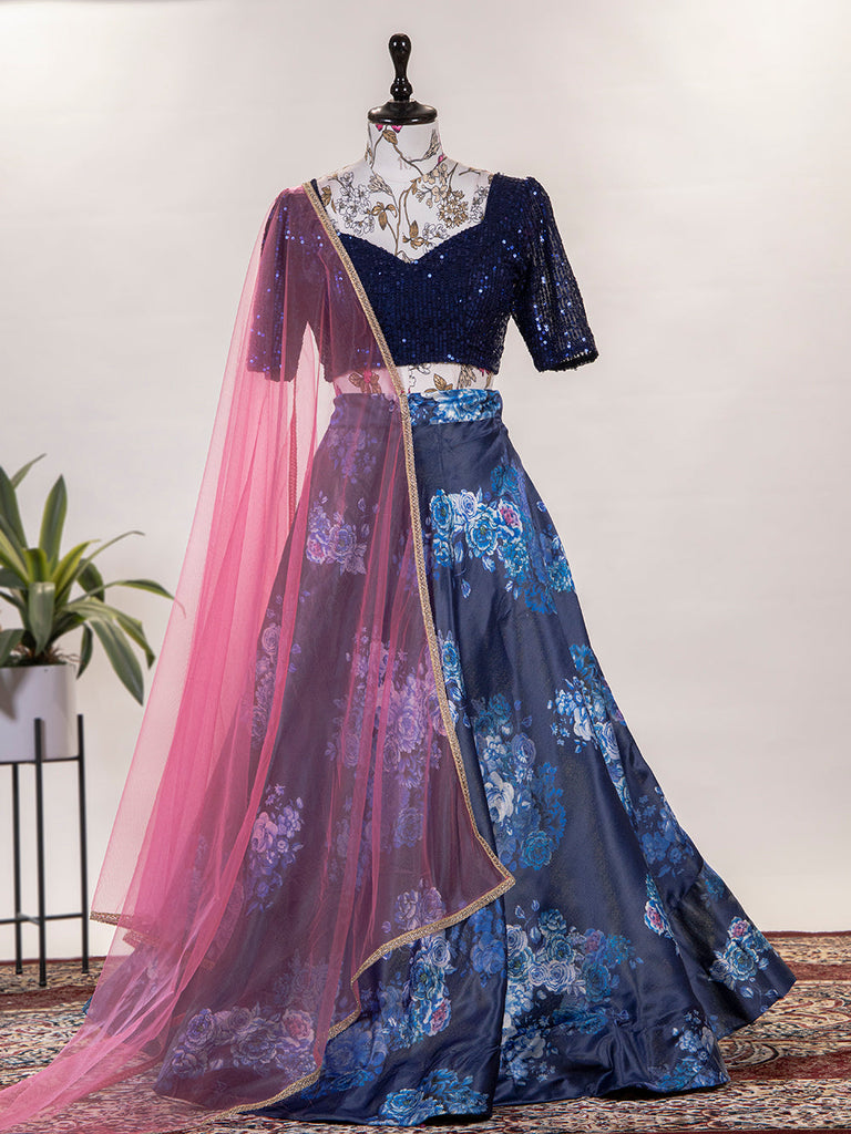 Navy Blue Color Printed Digital Satin Silk Lehenga Choli Clothsvilla