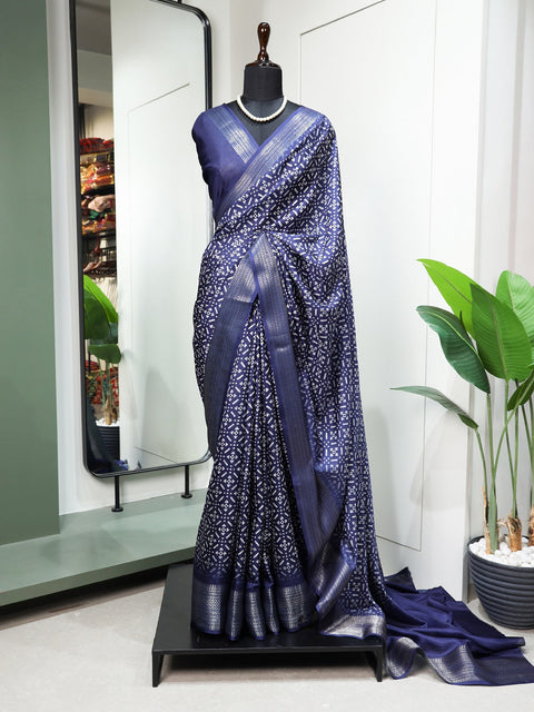 Navy Blue Color Printed With Zari Border Dola Silk Saree Clothsvilla Main image