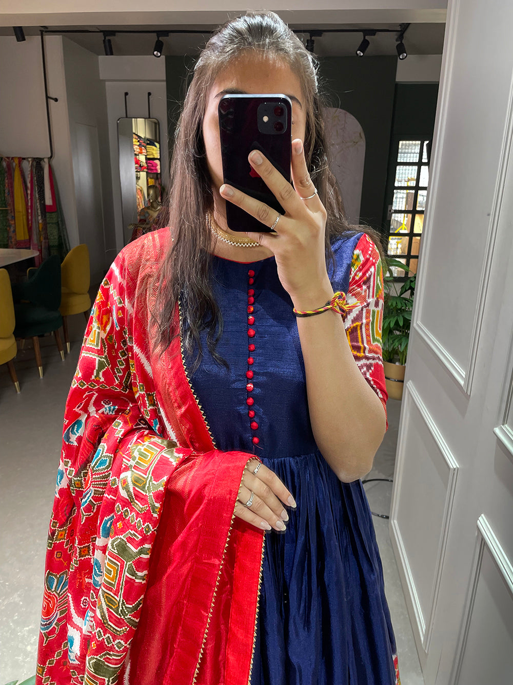 Blue Color Patola And Foil Printed Dola Silk Gown Clothsvilla