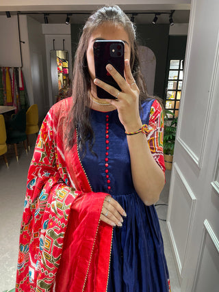 Blue Color Patola And Foil Printed Dola Silk Gown Clothsvilla
