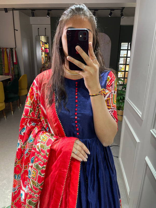 Blue Color Patola And Foil Printed Dola Silk Gown Clothsvilla