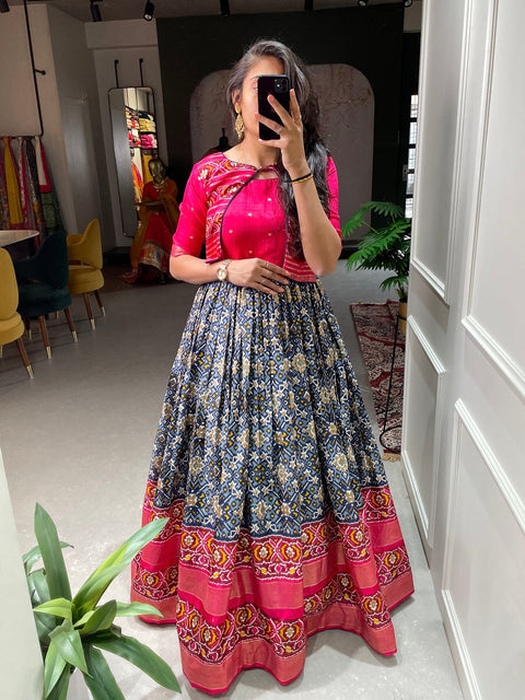 Navy Blue Color Patola Paithani Printed And Foil Printed Dola Silk Gown Clothsvilla Main image