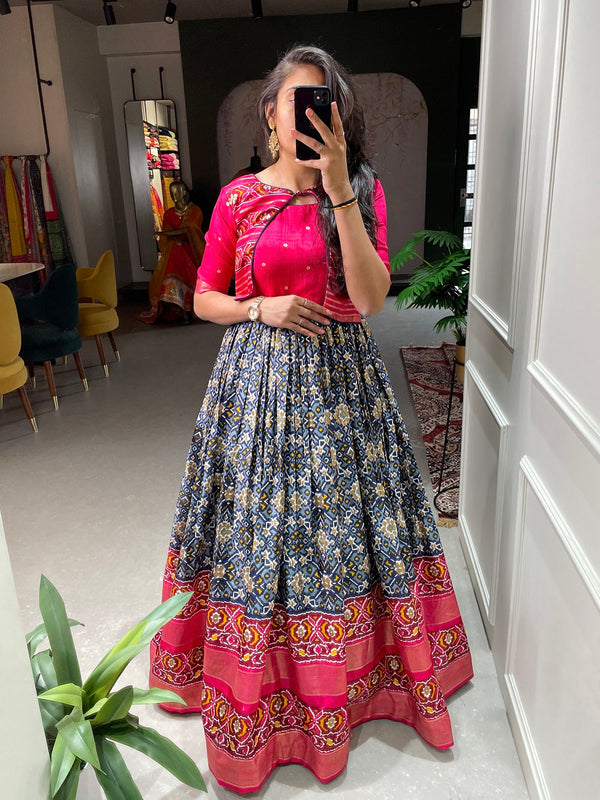 Navy Blue Color Patola Paithani Printed And Foil Printed Dola Silk Gown Clothsvilla